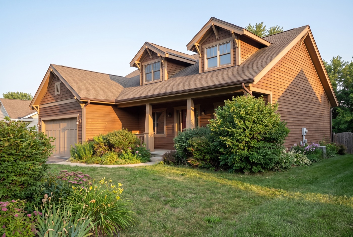 From the corner: depth, two sides, landscaping
