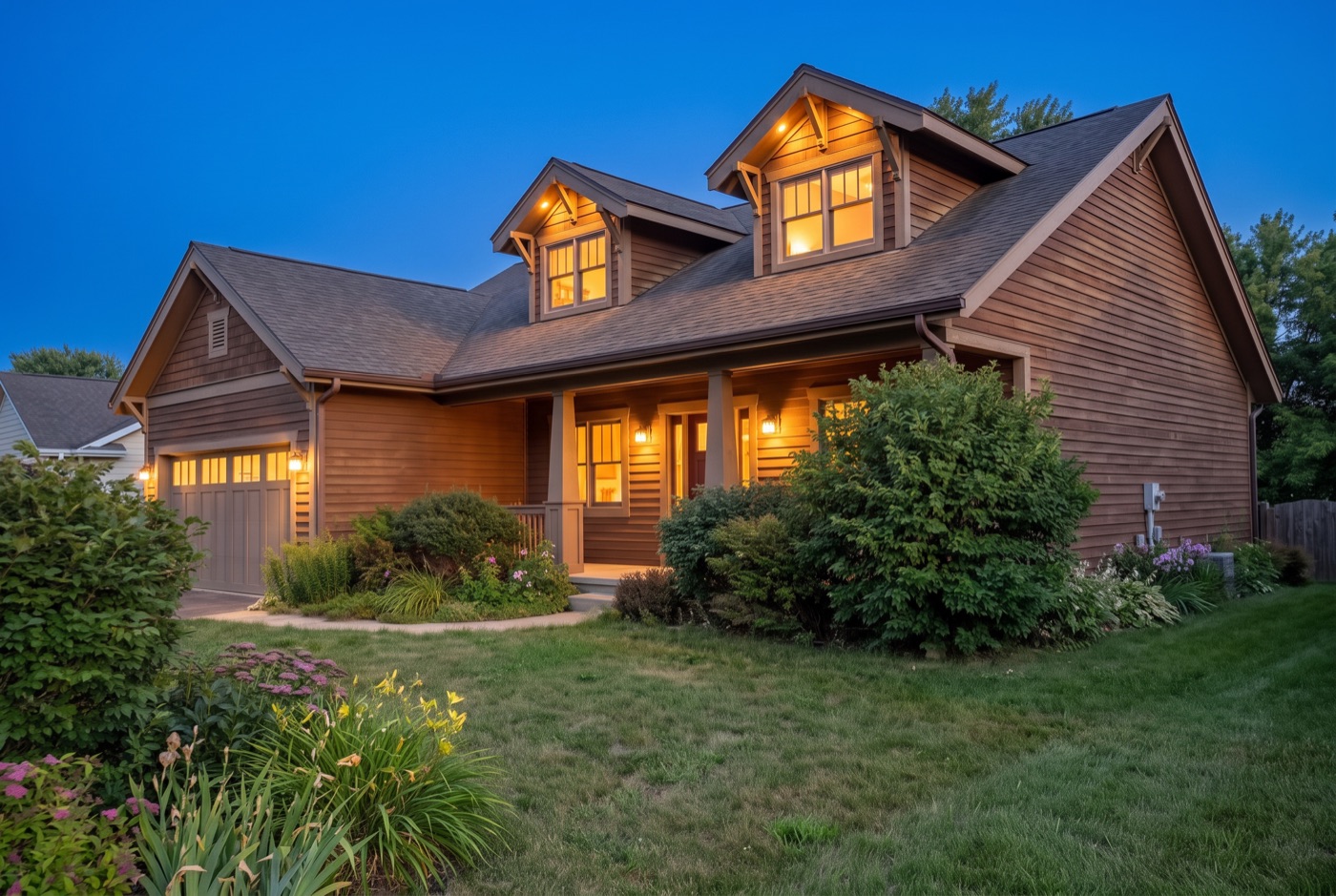 The same house at twilight, windows glowing against a deep blue sky