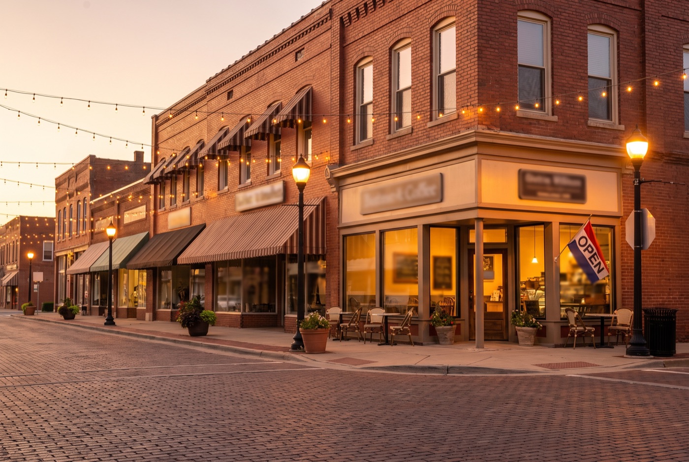 Small-town main street corner with a coffee shop at golden hour