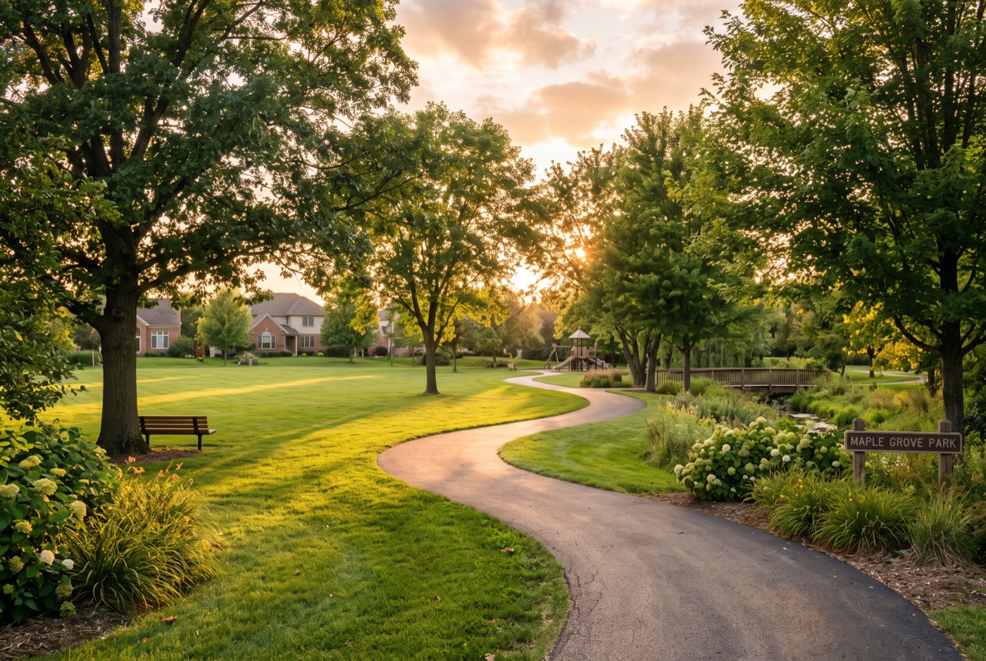 Neighborhood park with walking path at golden hour