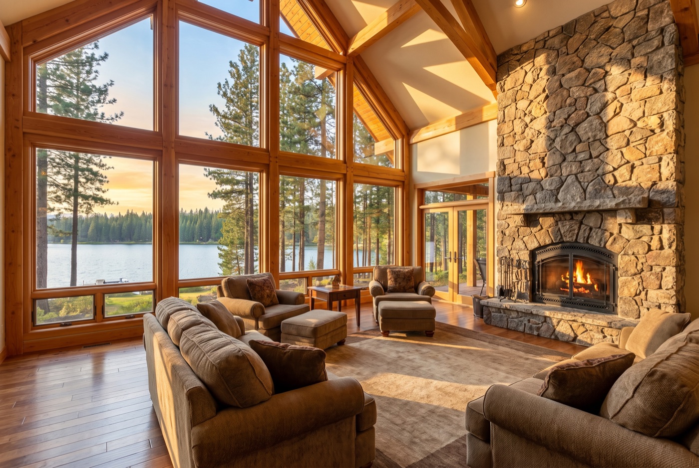 A great room with a double-height window wall over a lake, lit by evening sun