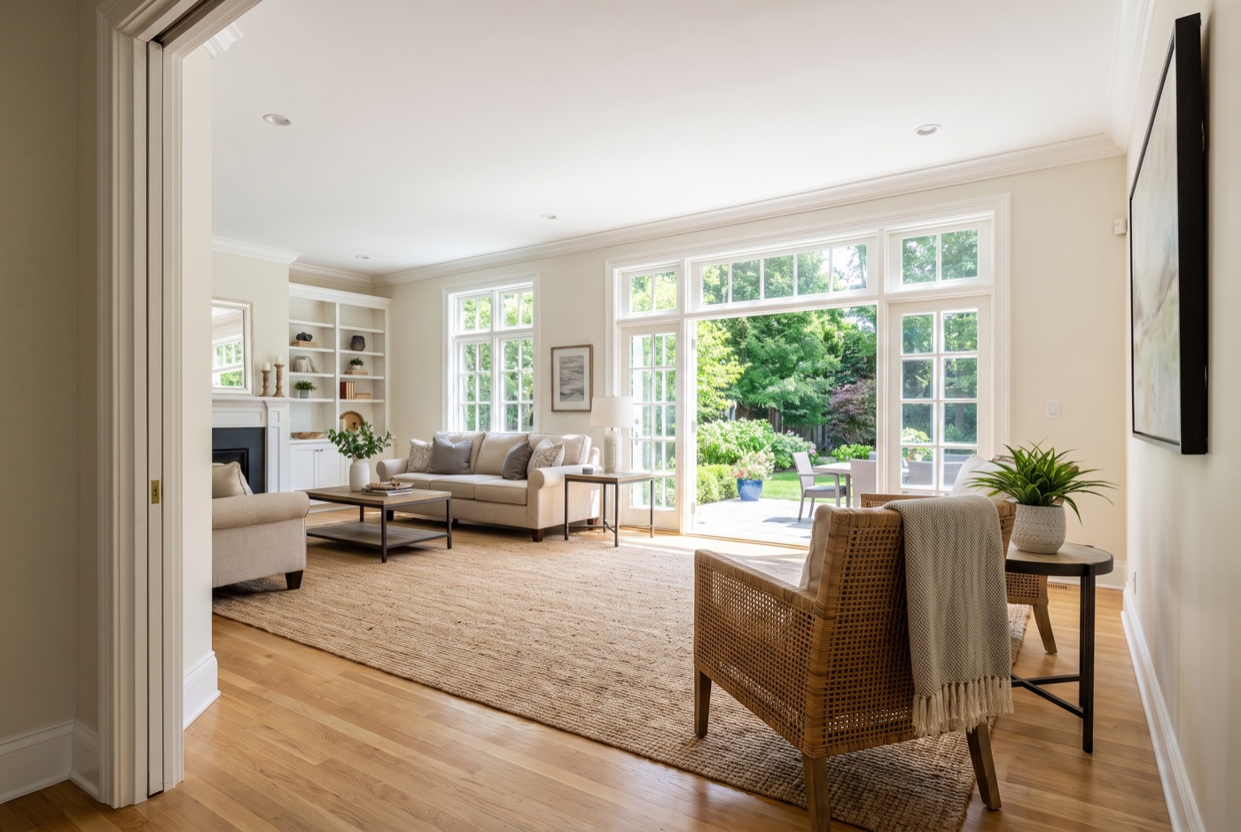 A room shot from the doorway corner with foreground, middle and a sunlit window beyond