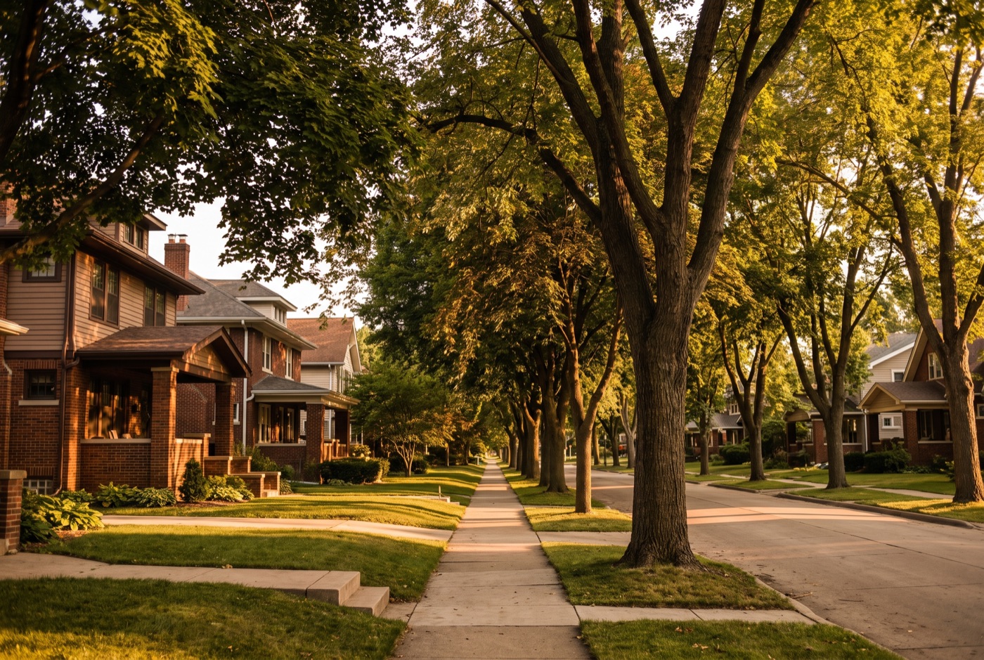 Tree-lined residential street at golden hour